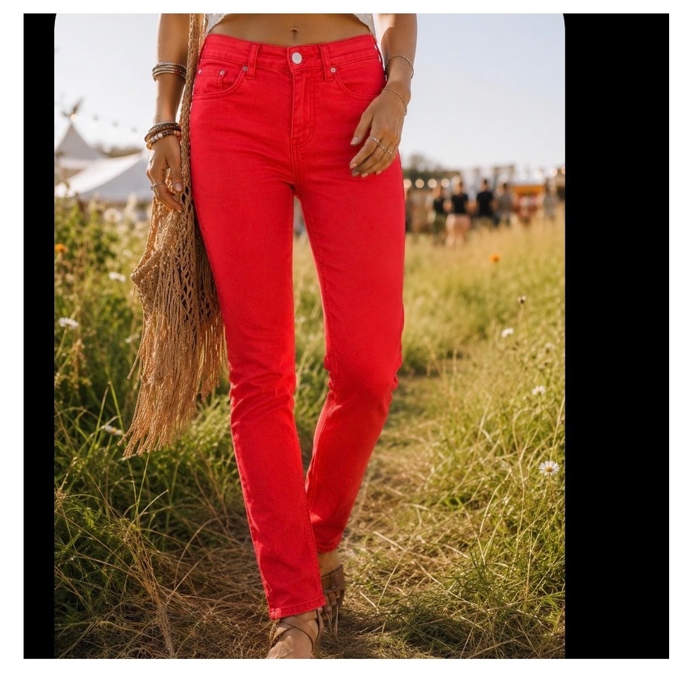 Democracy Ab Solution Skinny Pants Womens 10 Cropped Coral Red Colored Denim